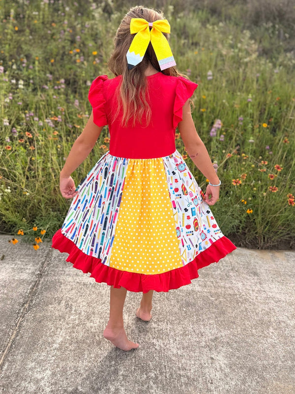 Girls Back To School Pencil Twirl Dress Ruffle Patchwork