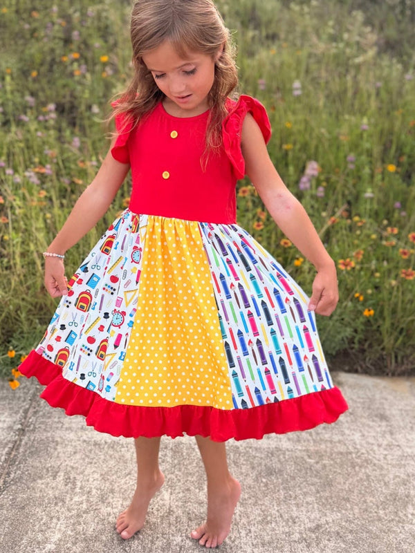 Girls Back To School Pencil Twirl Dress Ruffle Patchwork