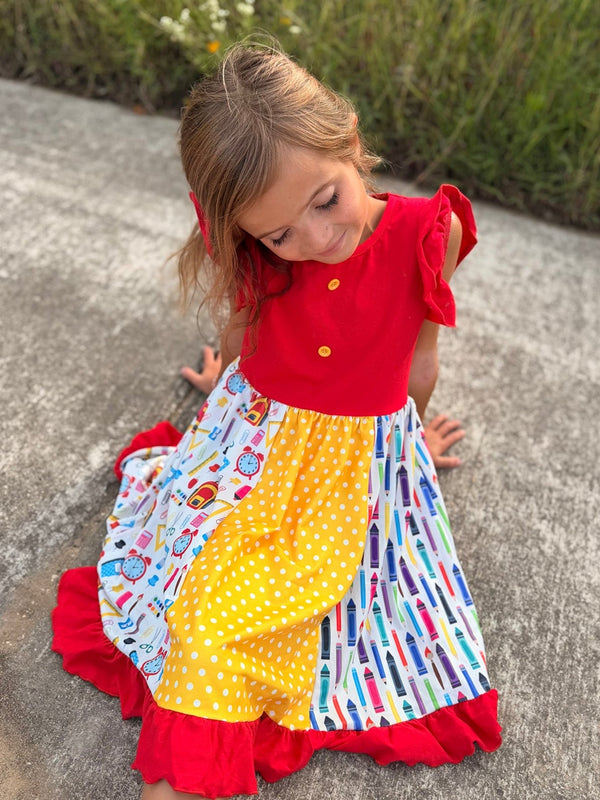 Girls Back To School Pencil Twirl Dress Ruffle Patchwork