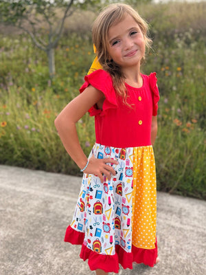 Girls Back To School Pencil Twirl Dress Ruffle Patchwork