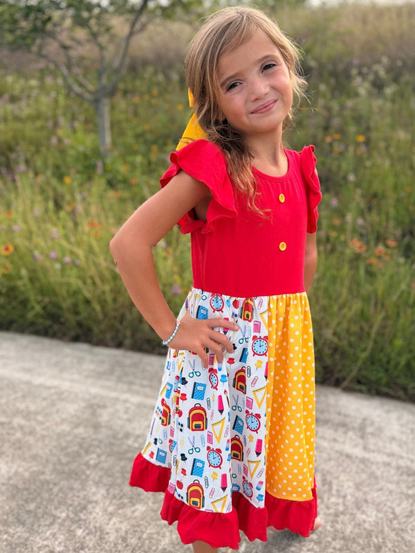 Girls Back To School Pencil Twirl Dress Ruffle Patchwork