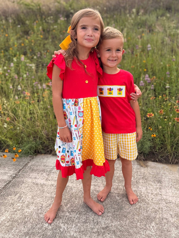 Girls Back To School Pencil Twirl Dress Ruffle Patchwork