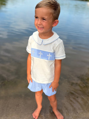 Blue Smocked Church Christ Bishop Christening Toddler Boys'Set