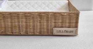 LELLobaby™ X Hampton BABY Rattan Wicker Changing Tray Premier at an angle, perfect for stylish baby care.