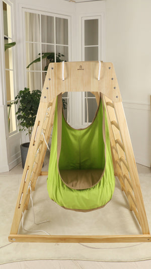 Sensory swing for wall climbers, soothing indoor play add-on, angle view 3, perfect for babies and toddlers.