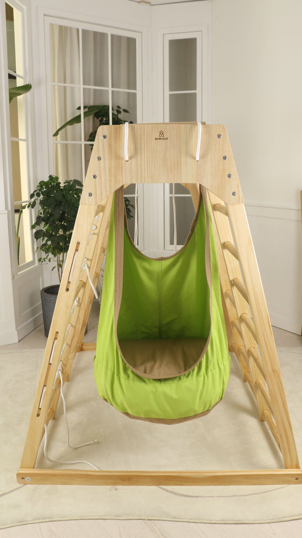 Sensory swing for wall climbers, soothing indoor play add-on, angle view 3, perfect for babies and toddlers.
