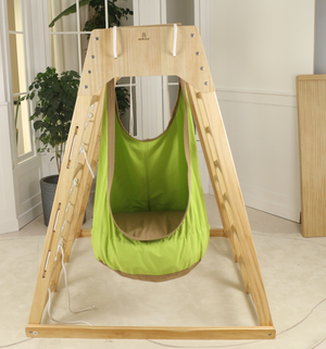 Sensory swing for wall climbers, soothing indoor play add-on, angle view 2, perfect for babies and toddlers.