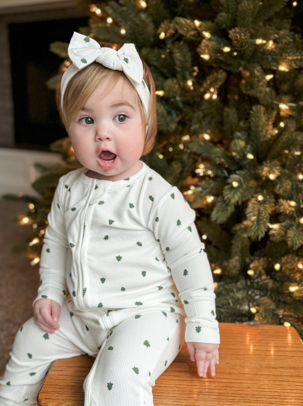 Tiny Trees Ribbed Bamboo Zippy Pajamas for babies, showcasing soft fabric and cozy design from angle 2.