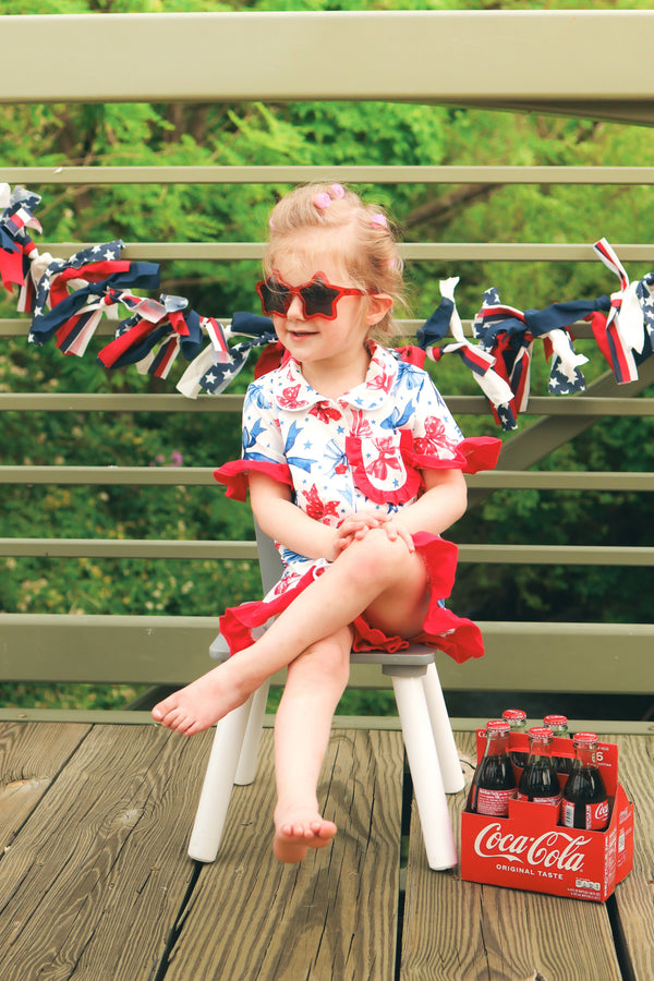 4th Of July Bow Star Girls Pajamas Set