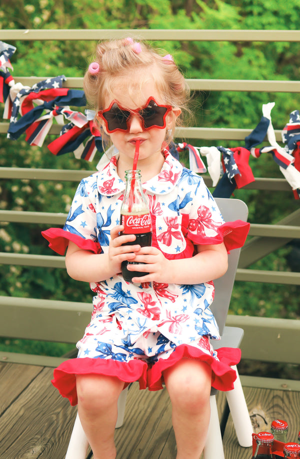 4th Of July Bow Star Girls Pajamas Set