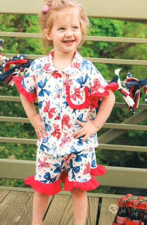 4th Of July Bow Star Girls Pajamas Set