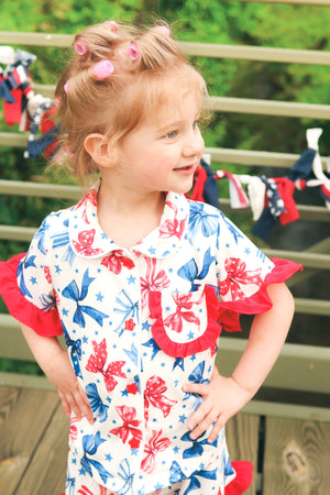 4th Of July Bow Star Girls Pajamas Set