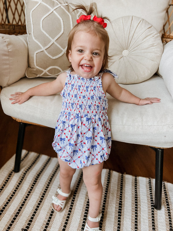Smocked Red, White and Bows Bamboo Bubble Romper