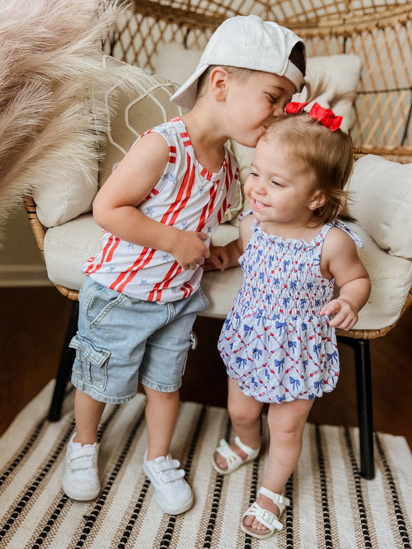 Smocked Red, White and Bows Bamboo Bubble Romper
