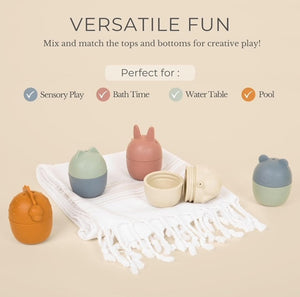 Colorful animal bath toy set for babies, featuring various cute designs for fun bath time play.