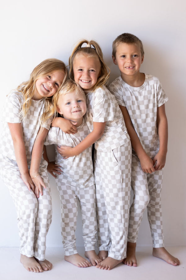 Child Boxy Tee Lounge Set in checkerboard pattern for babies, perfect for cozy pajamas. Angle 5 view.