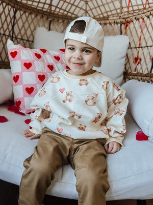 Teddy Bear Hearts Crewneck Sweatshirt for babies, cozy and cute, shown from angle 8. Perfect for stylish comfort!