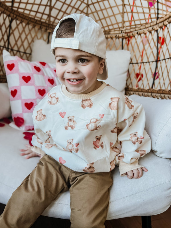 Teddy Bear Hearts Crewneck Sweatshirt for babies, cozy and cute, shown from angle 7.