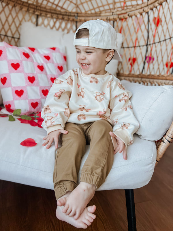Teddy Bear Hearts Crewneck Sweatshirt for babies, cozy and stylish, shown from angle 5.