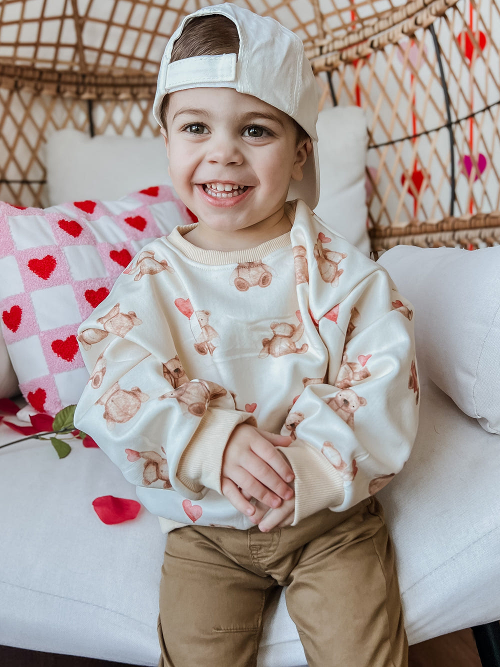 Teddy Bear Hearts Crewneck Sweatshirt for babies, cozy and stylish, perfect for nursery furniture decor.