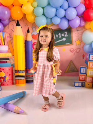 Girls Back To School Pencil Plaid Twirl Dress Bow Petals Collar