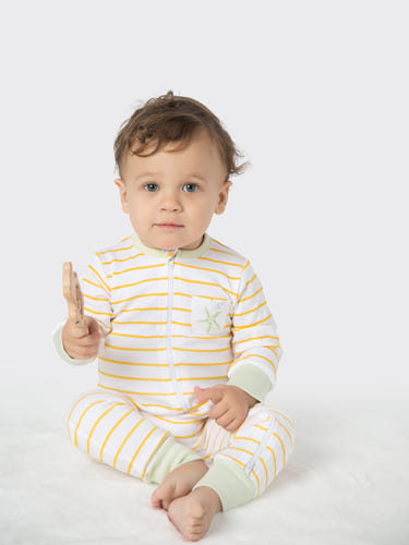 Organic cotton orange striped romper for babies, perfect for comfort and style.