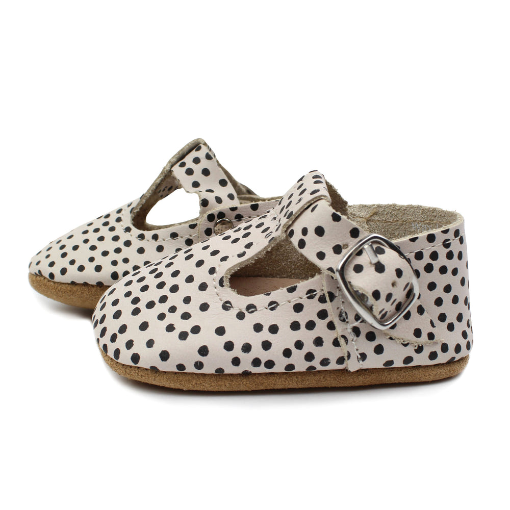Dottie T-Strap Mary Jane soft sole baby shoes in pink, perfect for little feet and stylish comfort.