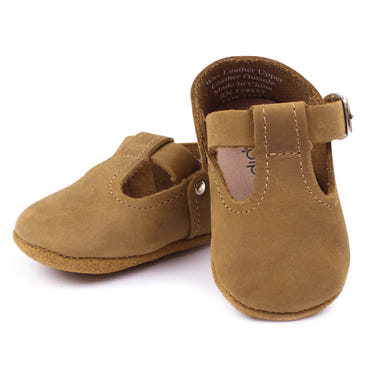 Brown T-Strap Mary Jane soft sole baby shoes, perfect for comfort and style. Main product image.