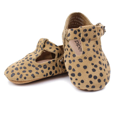 Cheetah T-Strap Mary Jane soft sole baby shoes in a cute design, perfect for little ones' first steps.