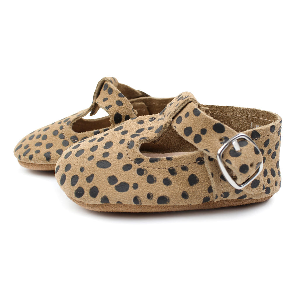 Cheetah T-Strap Mary Jane soft sole baby shoes in a cute design, perfect for little ones' first steps.