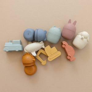 Colorful animal bath toy set for babies, featuring various playful designs in a fun, engaging angle view.