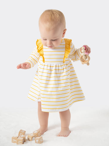 Organic cotton ruffled dress in orange stripes for babies and toddlers. Perfect for stylish and comfortable wear.