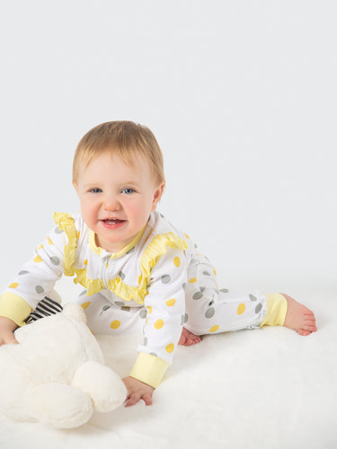 Organic Cotton Ruffled Romper - Yellow & Gray Polka