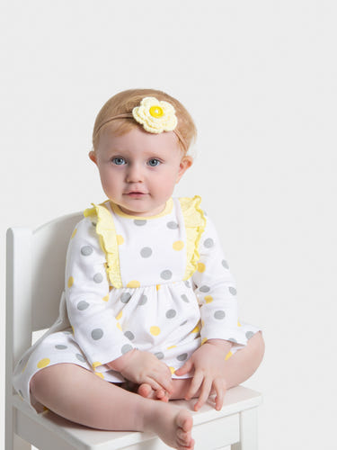 Organic cotton yellow polka dot ruffled dress for babies and toddlers. Perfect for stylish and comfortable wear.