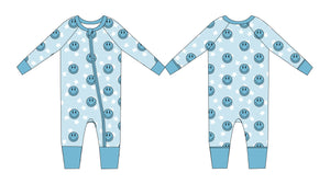 Blue Dreams Zippy zip pajamas for babies, featuring a cozy design in a soft blue color, shown from angle 2.