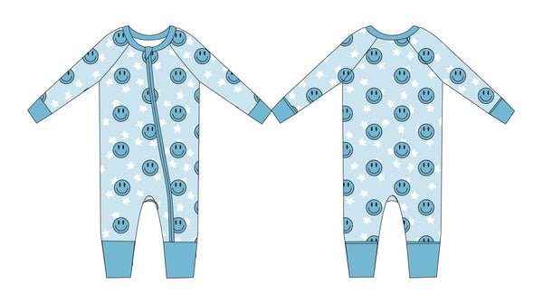 Blue Dreams Zippy zip pajamas for babies, featuring a cozy design in a soft blue color, shown from angle 2.