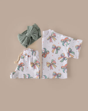 Baby shorts set featuring Happy Bows design, shown at angle 10 for a stylish and playful look.