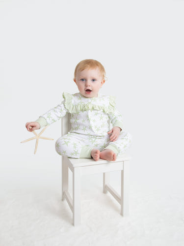 Organic Cotton Ruffled Romper in Green Starfish design for babies, perfect for stylish and comfortable playtime.
