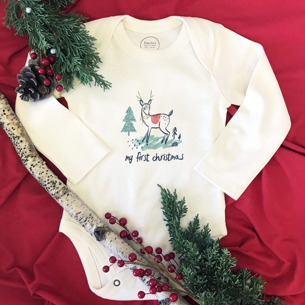 Long sleeve graphic bodysuit featuring a cute Christmas deer design for babies. Perfect holiday outfit!