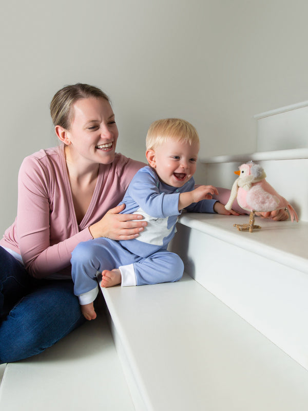 Organic cotton blue jogger pants for babies, angle view showcasing comfort and style.