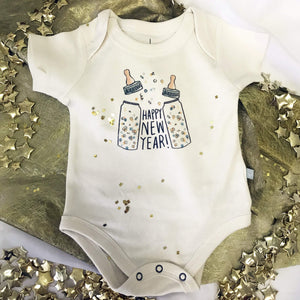 Short sleeve graphic bodysuit "Poppin Bottles" for babies, shown at angle 3, perfect for playful outfits.