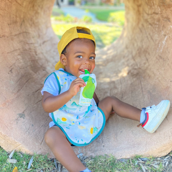 "Mountain Mist Bapron for babies, stylish and functional, shown at a 15-degree angle."