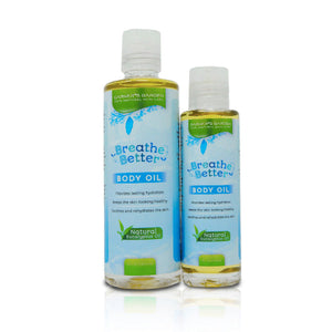 Breathe Better Body Oil in a sleek bottle, showcasing its soothing formula for babies, angle 3 view.