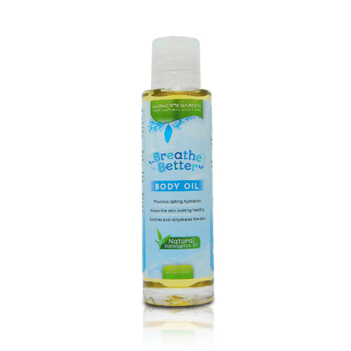 Breathe Better Body Oil in a sleek bottle, showcasing its soothing formula for baby’s delicate skin.
