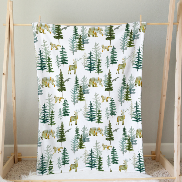 Honey Lemonade Minky Baby Blanket In the Woods olive green trees