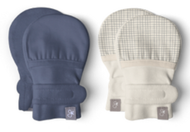 STAY ON 2-PACK MITTS in Indigo and Gridlock for babies - soft, stylish, and practical hand protection.