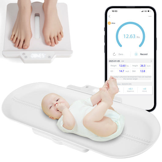 Infant scale with detachable tray for weight and height measurement in white, ideal for nursery furniture.