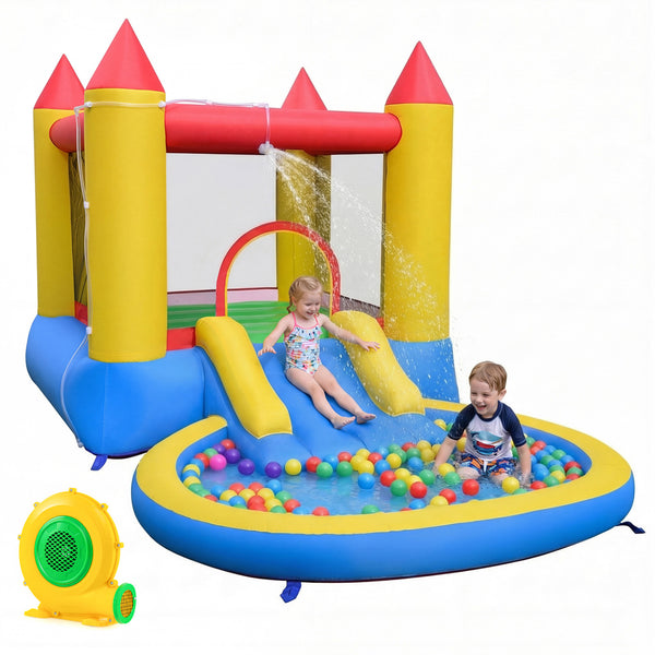 Inflatable Bounce House with Water Slide and 370W Blower-Multicolor