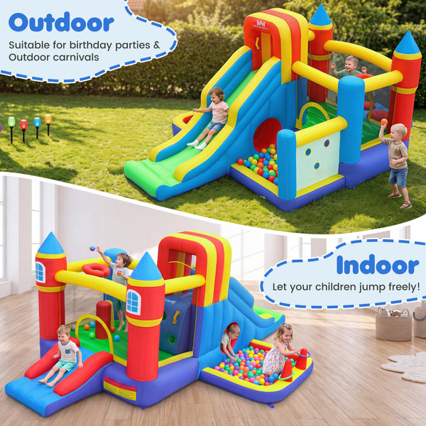 Inflatable Bounce House with 750W Air Blower with SlideSubtitle Climbing Wall and Basketball Hoop for Kid Backyard Indoor Outdoor
