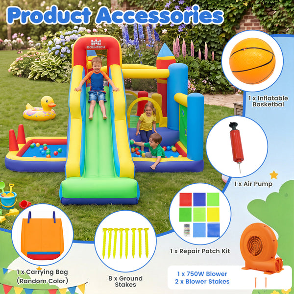 Inflatable Bounce House with 750W Air Blower with SlideSubtitle Climbing Wall and Basketball Hoop for Kid Backyard Indoor Outdoor
